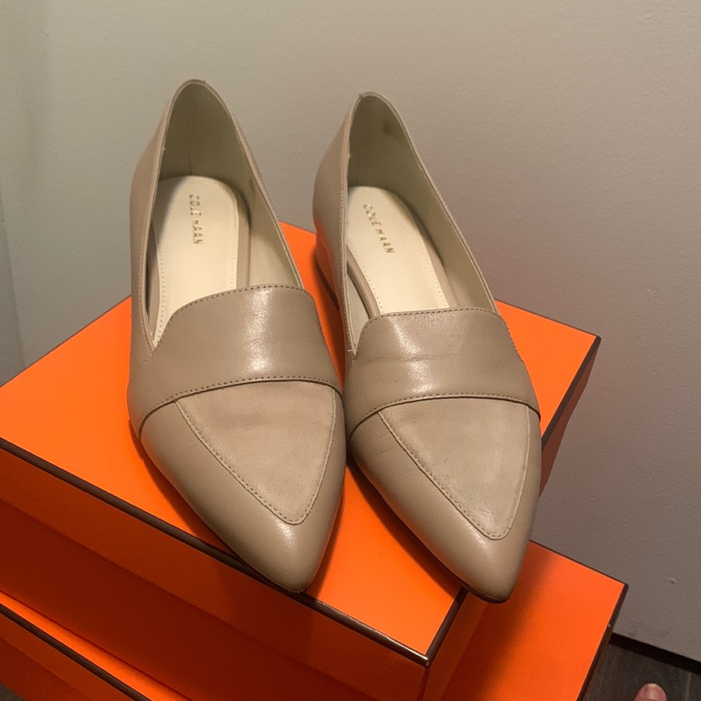 Still available- Cole Haan nude beige pointy toe loafer size 5.5. Barely worn!